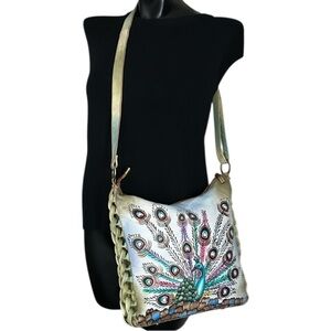Magnifique Hand Painted Peacock Leather Crossbody Bag with Side Braid Accent